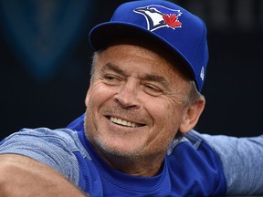 Blue Jays manager John Gibbons looks on from the dugout at Kauffman Stadium on August 14, 2018 in Kansas City. (Ed Zurga/Getty Images)