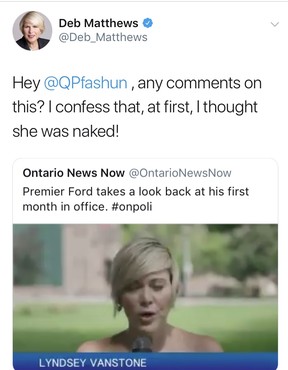 Tweet screengrab from Deb Matthews, which has since been deleted.