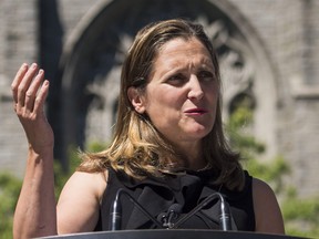 Foreign Affairs Minister Chrystia Freeland speaks at a press conference in Vancouver, B.C. on Monday, August 6, 2018. THE CANADIAN PRESS/Jimmy Jeong