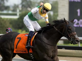 Jerome Lermyte rides Neepawa (left) to victory in the $400,000 Breeders’ Stakes on Saturday at Woodbine racetrack. (Michael Burns/Photo)