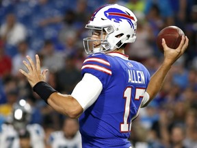 Buffalo Bills quarterback Josh Allen throws a pass against the Carolina Panthers during the second half Thursday, Aug. 9, 2018, in Orchard Park, N.Y. (AP Photo/Jeffrey T. Barnes)