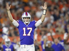 Josh Allen of the Buffalo Bills reacts after throwing for a touchdown against the Cleveland Browns at FirstEnergy Stadium on August 17, 2018 in Cleveland. (Joe Robbins/Getty Images)