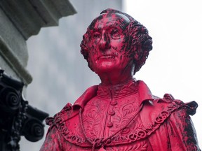 The statue of Sir John A. Macdonald is seen after being vandalized in Montreal, Friday, August 17 2018.THE CANADIAN PRESS/Graham Hughes ORG XMIT: GMH103