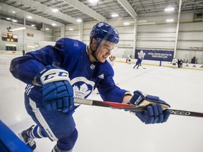 Defenceman Andrew Nielsen takes part in Maple Leafs summer skate at the MasterCard Centre on Wednesday. (Ernest Doroszuk/Toronto Sun)