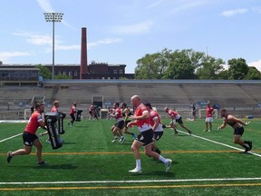 Members of the Toronto Wolfpack practice at Toronto's Lamport Stadium on Tuesday, July 24, 2018.  THE CANADIAN PRESS/Neil Davidson