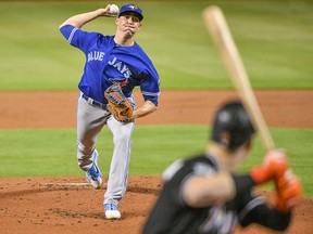 Aaron Sanchez of the Toronto Blue Jays throws a pitch in the first inning against the Miami Marlins at Marlins Park on Aug. 31, 2018 in Miami, Fla.