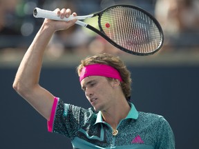 Alexander Zverev of Germany reacts during his loss to Stefanos Tsitsipas of Greece in Rogers Cup quarterfinal tennis tournament action in Toronto on Friday August 10, 2018.