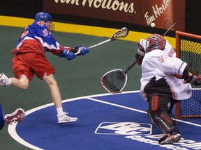 Brodie Merrill scores as the Toronto Rock beat the Vancouver Stealth in Toronto on March 25, 2017. Stan Behal/Toronto Sun/