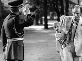 Future Prime Minister Justin Trudeau in the arms of his father, former Prime Minister Pierre Trudeau. Trudeau Jr. made the Vanity Fair list of Underwhelming Heirs.