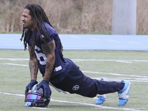 Argos linebacker Marcus Ball, doing some stretching during practice, says the Alouettes, tonight’s opponent, are better than a 1-8 team.                          VERONICA HENRI/TORONTO SUN