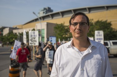 Justin Antheunis, President IATSE, Local 58, poses for a photo as locked out stagehands with IATSE Local 58, picket an entrance to Exhibition Place in Toronto, Ont. on Wednesday August 15, 2018. Ernest Doroszuk/Toronto Sun/Postmedia