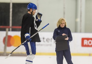 Toronto Maple Leafs Timothy Liljegren with skating coach Barb Underhill during a summer skate at the MasterCard Centre in Toronto, Ont. on Monday August 27, 2018. Ernest Doroszuk/Toronto Sun/Postmedia