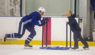 Toronto Maple Leafs Par Lindholm with skating coach Barb Underhill during a summer skate at the MasterCard Centre in Toronto, Ont. on Monday August 27, 2018. Ernest Doroszuk/Toronto Sun/Postmedia