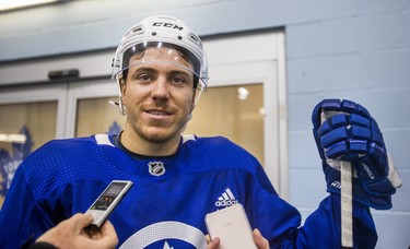Toronto Maple Leafs Par Lindholm during a media interview following a summer skate at the MasterCard Centre in Toronto, Ont. on Monday August 27, 2018. Ernest Doroszuk/Toronto Sun/Postmedia