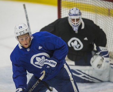 Toronto Maple Leafs Connor Brown and goalie Curtis McElhinney during a summer skate at the MasterCard Centre in Toronto, Ont. on Tuesday August 28, 2018. Ernest Doroszuk/Toronto Sun/Postmedia