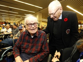 Former Hockey Night in Canada vet Murray Westgate (seen here at left with Leaf legend Johnny Bower in 2017) passed away yesterday. He was 100. Michael Peake/Toronto Sun