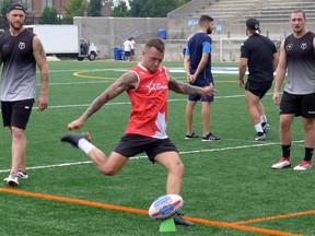 Fullback Gareth O’Brien takes a kick at goal during Toronto Wolfpack practice at Lamport Stadium yesterday. The Wolfpack host Super League side Hull Kingston Rovers on Saturday.  
(The Canadian Press)