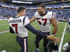 Houston Texans kicker Ka'imi Fairbairn (left) celebrates after beating the Colts in OT on Sunday. (AP PHOTO)