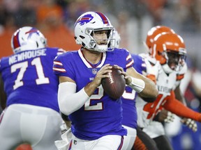 Nathan Peterman #2 of the Buffalo Bills looks to pass in the third quarter of a preseason game against the Cleveland Browns at FirstEnergy Stadium on August 17, 2018 in Cleveland, Ohio. (Photo by Joe Robbins/Getty Images)