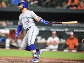 Kevin Pillar #11 of the Toronto Blue Jays hits a two run home run in the seventh inning during a baseball game against the Baltimore Orioles at Oriole Park at Camden Yards on September 17, 2018 in Baltimore, Maryland.