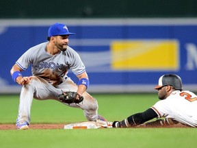 Jonathan Villar #2 of the Baltimore Orioles steals second base ahead of the tag of Devon Travis #29 of the Toronto Blue Jays in the third inning against the at Oriole Park at Camden Yards on September 18, 2018 in Baltimore, Maryland.