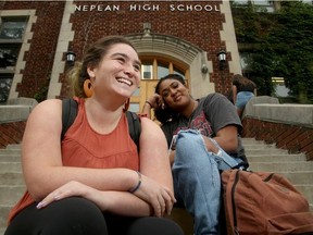 Grade 11 students Charlotte Dwyer (left) and Ny Holmes sit outside their Nepean High School Tuesday (Sept. 18, 2018).  The pair of sixteen year-olds are planning a walkout at their school (as part of a province-wide walkout) on Friday to protest the new sex-ed curriculum in Ontario.  Julie Oliver/Postmedia