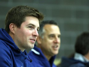 Leafs GM Kyle Dubas watches Leafs training camp in Niagara Falls on Friday September 14, 2018. (Dave Abel/Toronto Sun/Postmedia Network)