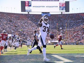 Sam Shields of the Los Angeles Rams celebrates his interception during Sunday's win over Arizona. (GETTY IMAGES)