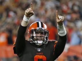 Cleveland Browns quarterback Baker Mayfield celebrates during Thursdays win over the Jets. AP )