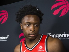 Toronto Raptors' OG Anunoby talks to the media on Monday. (ERNEST DOROSZUK/Toronto Sun)