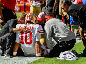 The San Francisco 49ers lost QB Jimmy Garoppolo for the season due to a torn ACL. (GETTY IMAGES)