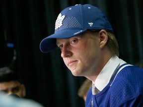 Rasmus Sandin speaks to the media after being selected twenty-ninth overall by the Toronto Maple Leafs during the first round of the 2018 NHL Draft at American Airlines Center on June 22, 2018 in Dallas, Texas.  (Photo by Ron Jenkins/Getty Images)