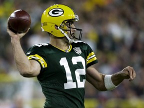 Packers quarterback Aaron Rodgers throws during second half NFL action against the Bears on Sept. 9, 2018, in Green Bay, Wis.
