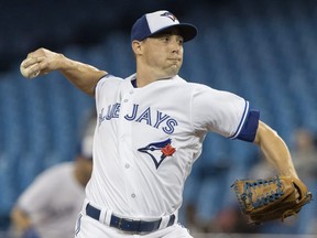 Blue Jays starting pitcher Aaron Sanchez throws against the Tampa Bay Rays during MLB action in Toronto on Sept. 5, 2018.