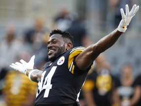 Antonio Brown of the Pittsburgh Steelers jokes around before a preseason game against the Carolina Panthers on August 30, 2018 at Heinz Field in Pittsburgh. (Justin K. Aller/Getty Images)
