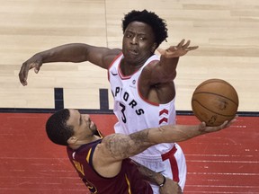Toronto Raptors forward OG Anunoby (top) will likely lose his small forward spot to incoming superstar Kawhi Leonard, but he’ll still get plenty of playing time coming off of the bench. AP