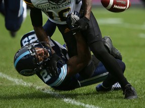 Argonauts defensive back Abdul Kanneh (29) forces a fumble on Hamilton Tiger-Cats wide receiver Brandon Banks during the first half on Saturday, Sept. 8, 2018, in Toronto. (COLE BURSTON/THE CANADIAN PRESS)