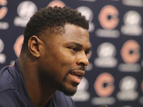 Newly acquired Chicago Bears player Khalil Mack speaks with the media during an NFL football news conference Sunday, Sept. 2, 2018, at Halas Hall in Lake Forest, Ill. (Tim Boyle/Chicago Sun-Times via AP)