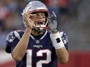 New England Patriots quarterback Tom Brady calls signals at the line of scrimmage during the first half of a preseason NFL football game against the Philadelphia Eagles, Thursday, Aug. 16, 2018, in Foxborough, Mass. (AP Photo/Charles Krupa)