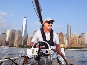 Captain David Caporale pilots Tara with the Lower Manhattan skyline, including the tallest One World Trade Centre, in the background. (Steve MacNaull photo)