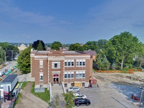 An aerial view of the St. George School Loft and Townhome development near downtown Newmarket.