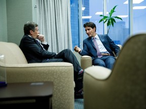 Mayor John Tory, left, and Prime Minister Justin Trudeau meet on Monday, Sept. 10, 2018 about the province's use of the notwithstanding clause in the council size fight. (TorontosMayor/Twitter)