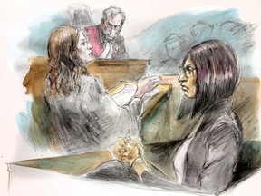 Crown attorney Maeve Mungovan gives her opening remarks to the jury as Justice Robert Clark looks on during the 
murder trial of Curtis "Moka" Dawkins on Friday, Sept. 20, 2018. (Pam Davies sketch)
