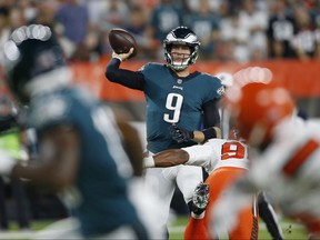 Philadelphia Eagles quarterback Nick Foles throws during the first half of the team's NFL preseason football game against the Cleveland Browns, Thursday, Aug. 23, 2018, in Cleveland. (AP Photo/Ron Schwane)