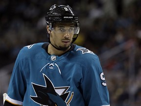 In this March 20, 2018, file photo, San Jose Sharks' Evander Kane waits for play to resume against the New Jersey Devils in San Jose, Calif. (AP Photo/Marcio Jose Sanchez, File)
