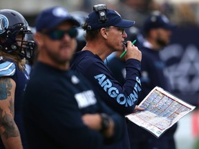 Toronto Argonauts head coach Marc Trestman is seen on the sidelines during second half CFL football action, in Toronto, Saturday, Sept. 8, 2018. THE CANADIAN PRESS/Cole Burston