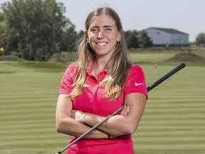 In this Sept. 7, 2017, photo provided by Iowa State University in Ames, Iowa, golfer Celia Barquin Arozamena poses for a photo. The former ISU golfer was found dead Monday, Sept. 17, 2018, at a golf course in Ames.  Collin Daniel Richards, was arrested and charged with first-degree murder in her death. (Luke Lu/Iowa State University via AP)