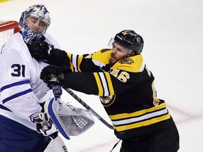 Boston Bruins centre David Krejci (46) checks Maple Leafs goaltender Frederik Andersen during Game 7 of their first-round playoff series in Boston, Wednesday, April 25, 2018. (AP FILE)