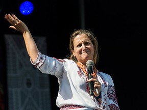Minister of Foreign Affairs Chrystia Freeland gives remarks at the Bloor West Village Toronto Ukrainian Festival in Toronto, on Saturday, Sept. 15, 2018.