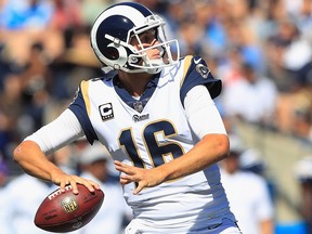 Los Angeles Rams quarterback Jared Goff  looks to pass during the second quarter of the game against the Los Angeles Chargers at Los Angeles Memorial Coliseum on Sept. 23, 2018 in Los Angeles.